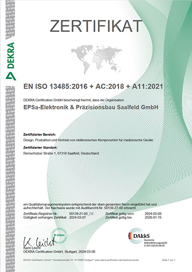 Zertifikat EN ISO 13485:2016 + AC:2018 + A11:2021, gültig bis zum 15.01.2026.