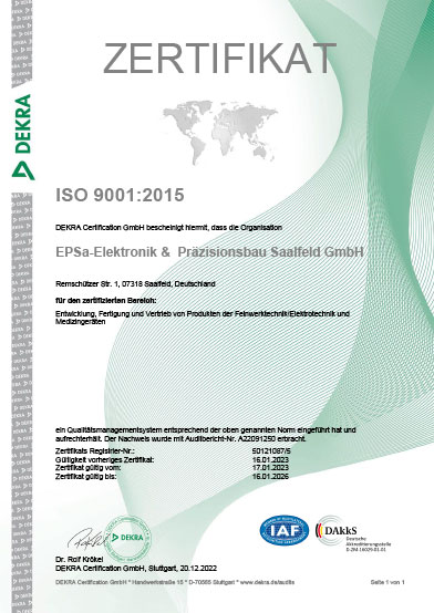 Das Zertifikat bestätigt: Die EPSa ist nach ISO 9001:2015 von DEKRA Certification GmbH am 20.12.2022 zertifiziert