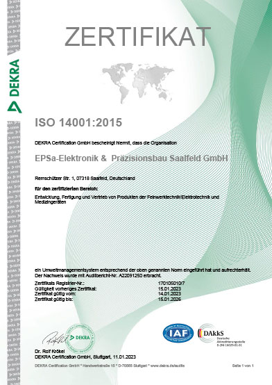 Zertifikat ISO 14001:2015 ist bis zum 16.01.2026 gültig.